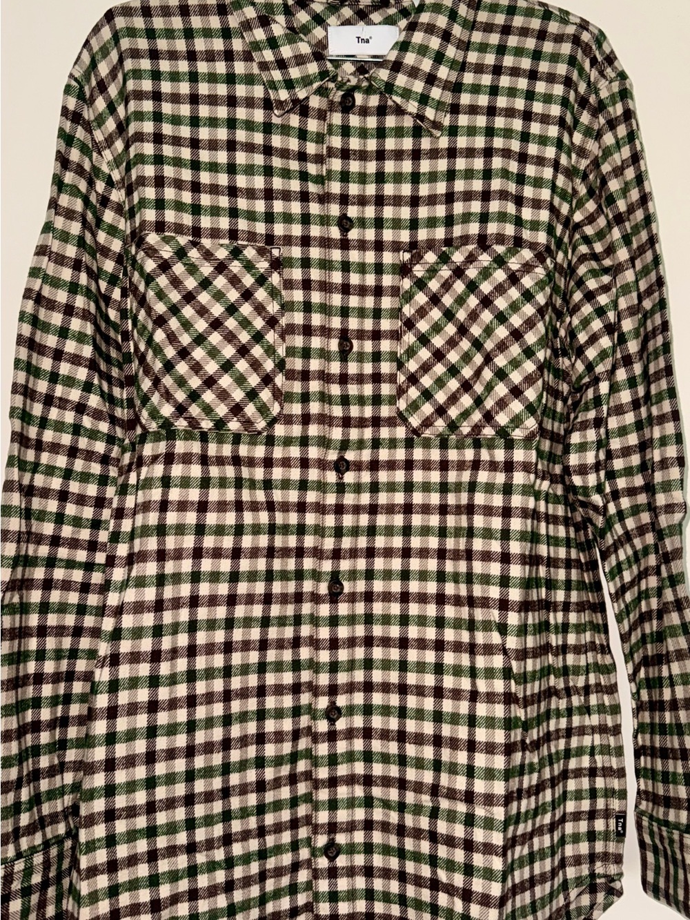 Aritzia Plaid Button-Down Shirt in Green, Brown, Cream